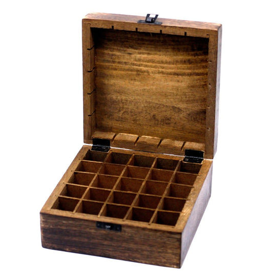 A wooden box is open, displaying a grid of 25 square compartments inside. The box has a clasp and hinges, and is set against a white background.