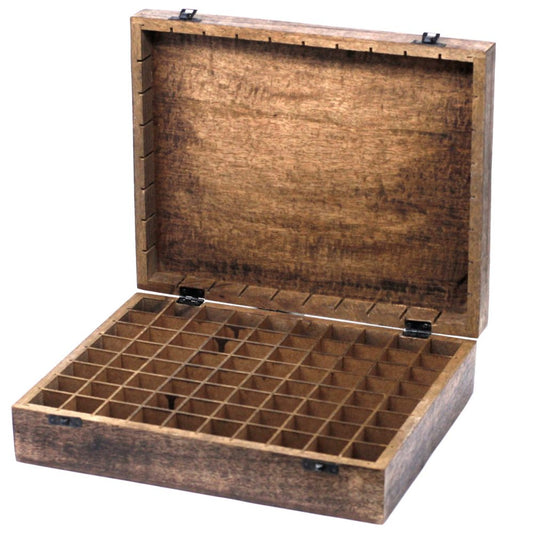 An open, stained-wood box, divided into a grid of small square compartments, sits against a white background. The top of the box is hinged open, exposing the wood grain of the lid.