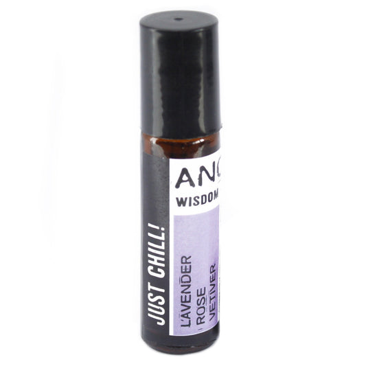 A brown glass rollerball bottle with a black cap sits upright. The bottle is labeled with "JUST CHILL!, ANCIENT WISDOM, LAVENDER ROSE VETIVER" on a white background.