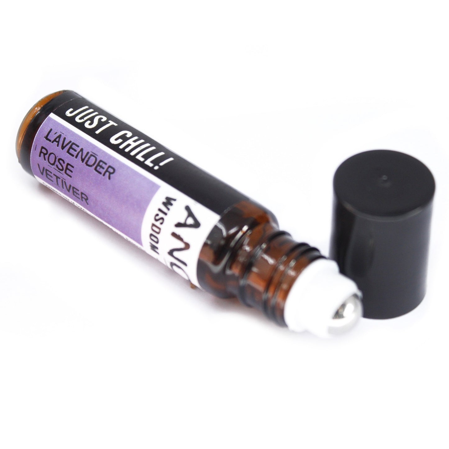 A lying amber roller bottle labeled "JUST CHILL! LAVENDER ROSE VETIVER" has a black cap beside it in a white space. The bottle also says, "AND WISDOM".