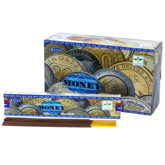 Incense sticks and packaging labeled "Money" by "Satya" feature various coins. The box and sticks are placed against a white background, suggesting a product display.
