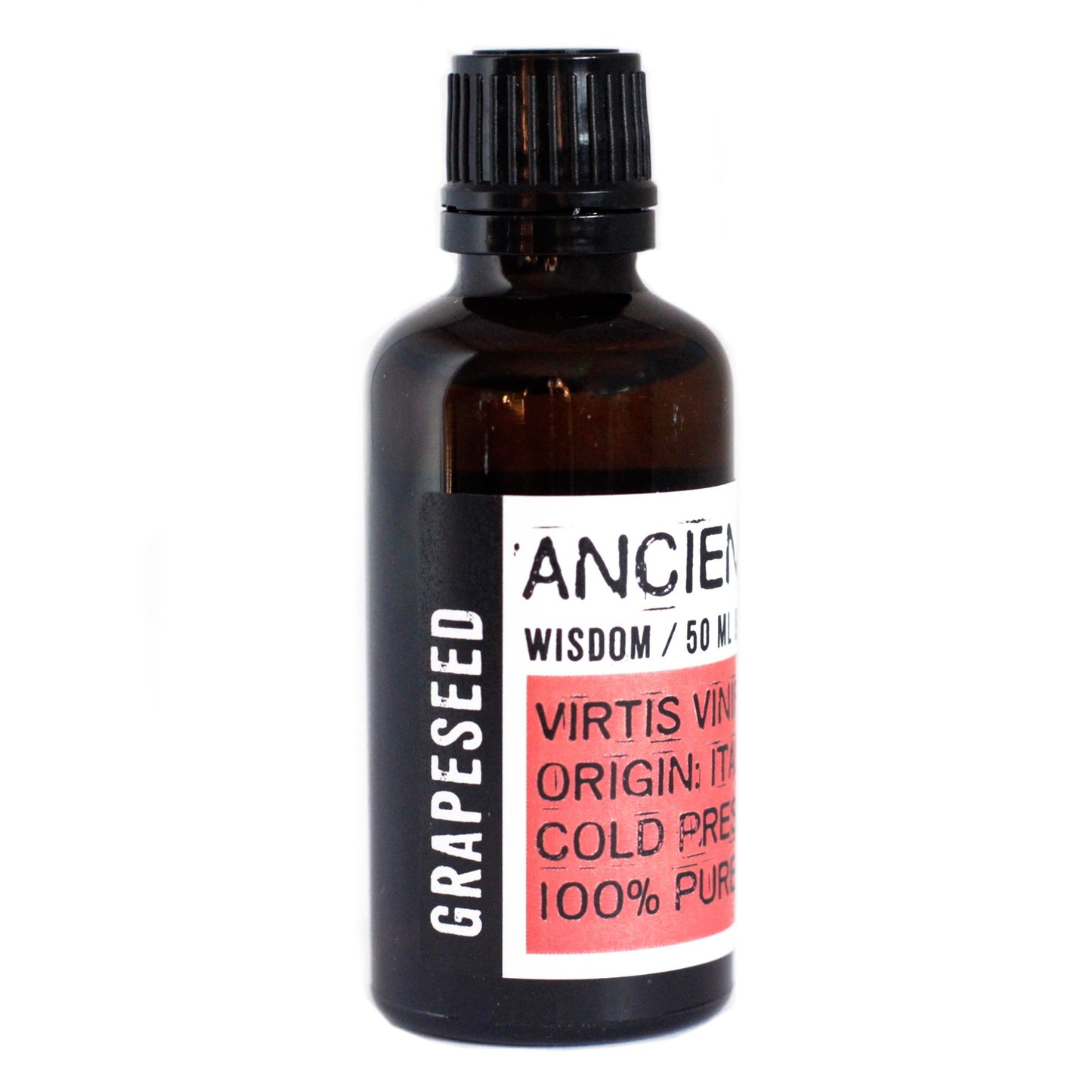 A brown glass bottle sits against a white background; it is labeled "GRAPESEED" on the side and has a red and white label which says "ANCIEN, WISDOM/50 ML, VIRTIS VIN, ORIGIN: IT, COLD PRE, 100% PUR".