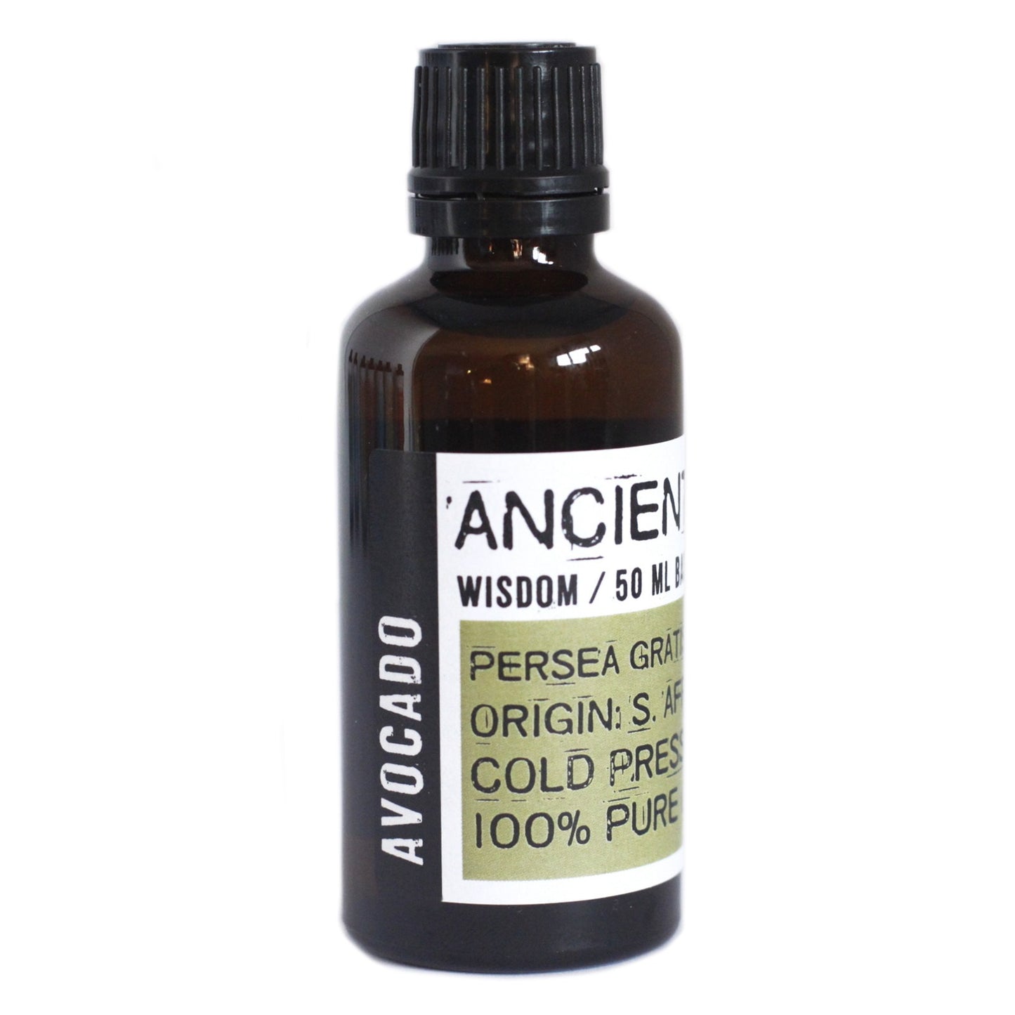 A brown glass bottle sits on a white background. Its label reads "AVOCADO", "'ANCIEN,' WISDOM / 50 ML B, PERSEA GRAT, ORIGIN: S. AF, COLD PRES, 100% PURE."