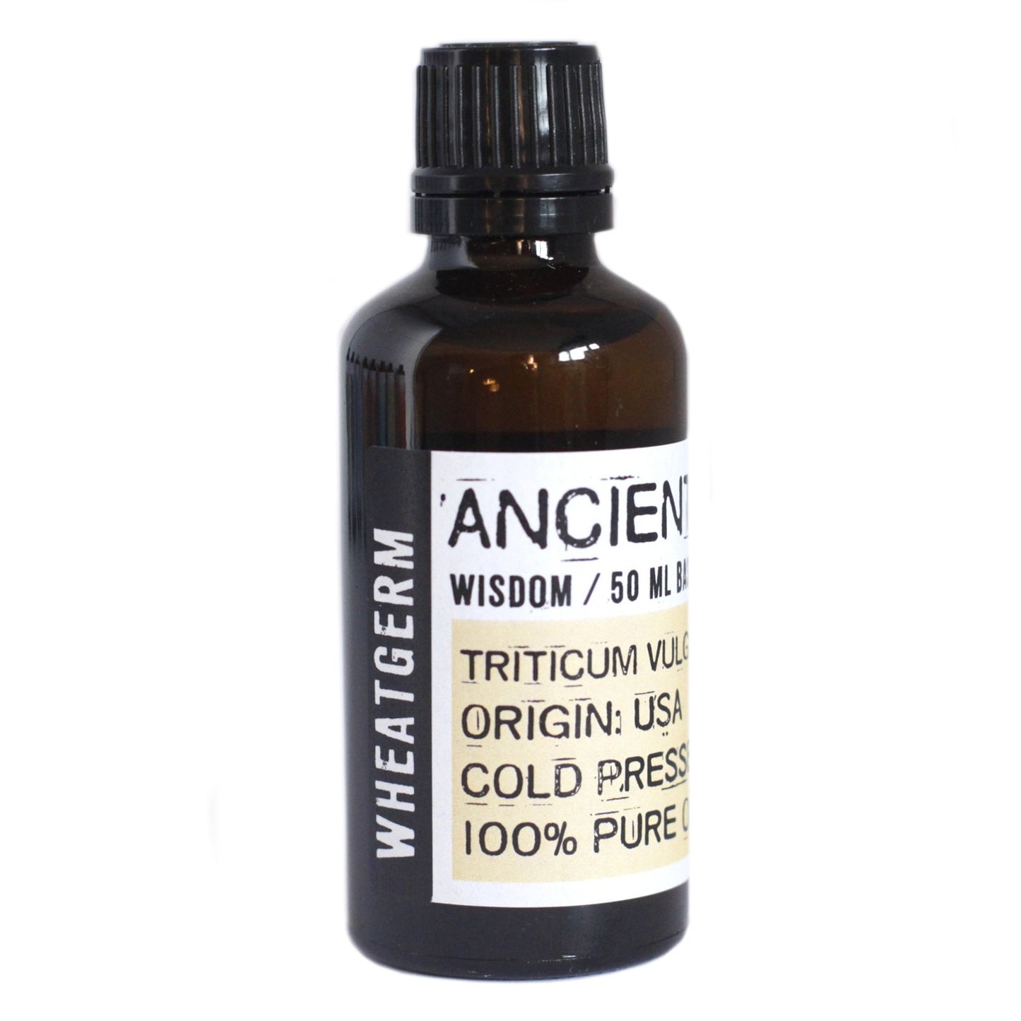 A brown bottle stands with a black lid and a label that reads "WHEATGERM," "ANCIEN," "WISDOM / 50 ML B," "TRITICUM VULG," "ORIGIN: USA," "COLD PRESS," and "100% PURE" in a white background.