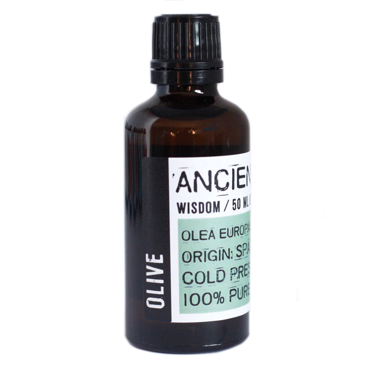 An amber glass bottle of olive oil stands on a white surface. The bottle's label reads "OLIVE", "ANCIEN WISDOM/50 ML OLEA EUROPA ORIGIN: SPA COLD PRES 100% PURE".