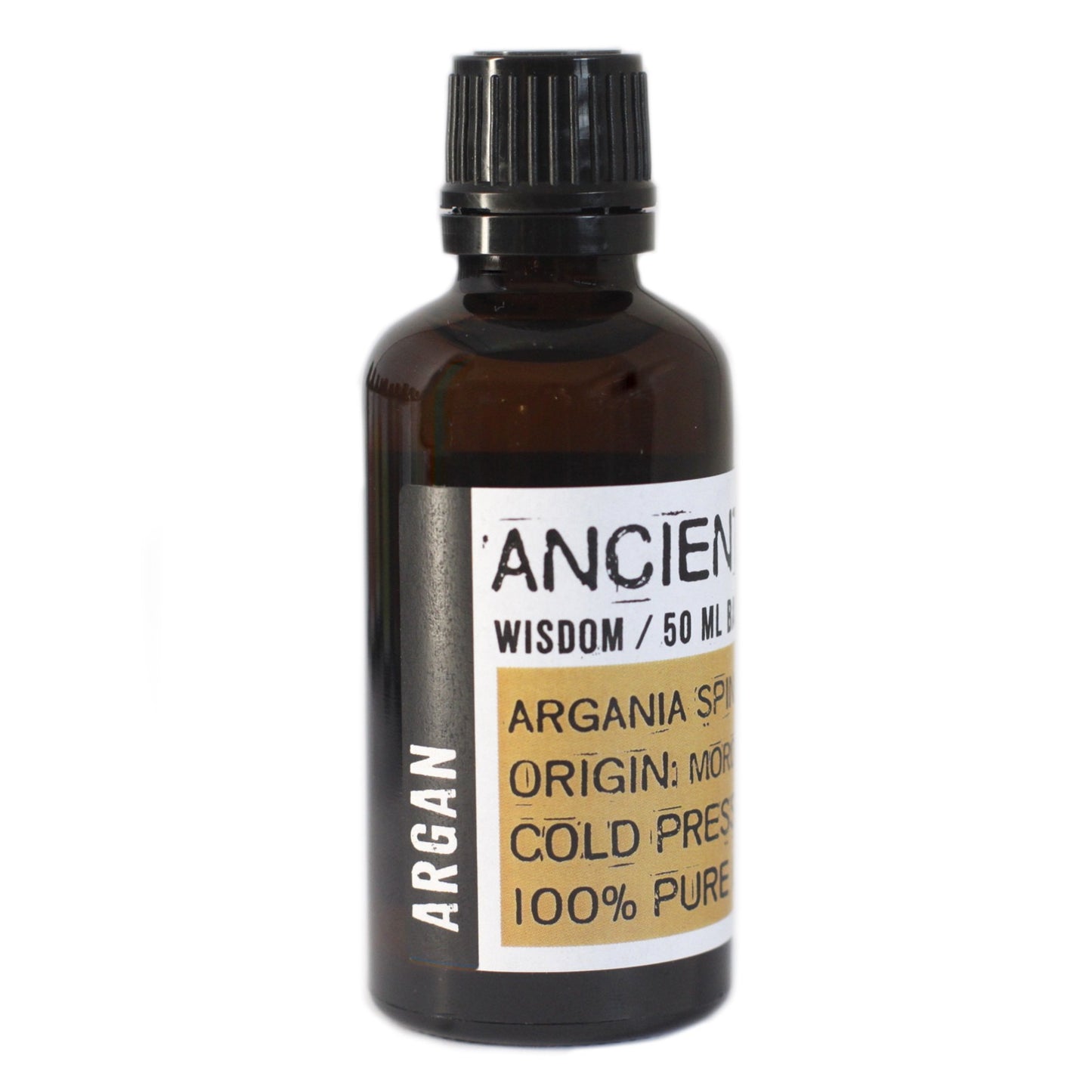 A small, dark-amber bottle of Argan oil sits centered on a white surface. The label reads: "ARGAN, ANCIEN, WISDOM / 50 ML, ARGANIA SP, ORIGIN: MOR, COLD PRES, 100% PURE."