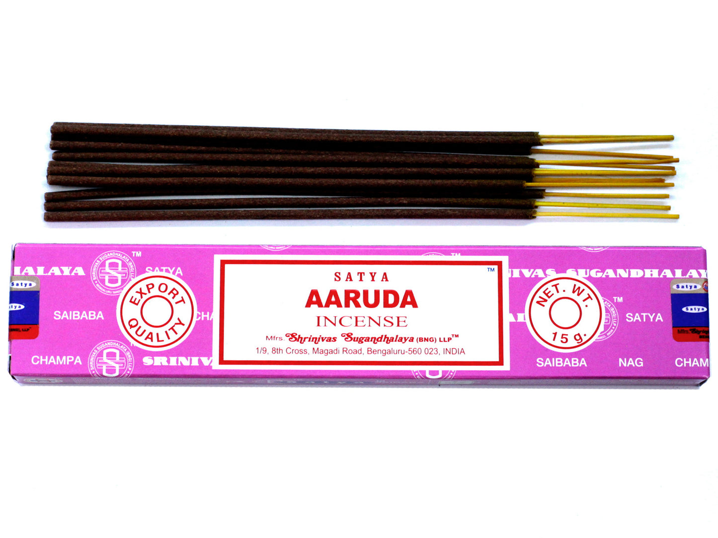Incense sticks rest beside a pink box labeled "Satya Aaruda Incense." Text includes "Export Quality," "Net. Wt. 15g," by Shrinivas Sugandhalaya (BNG) LLP, Bengaluru, India.