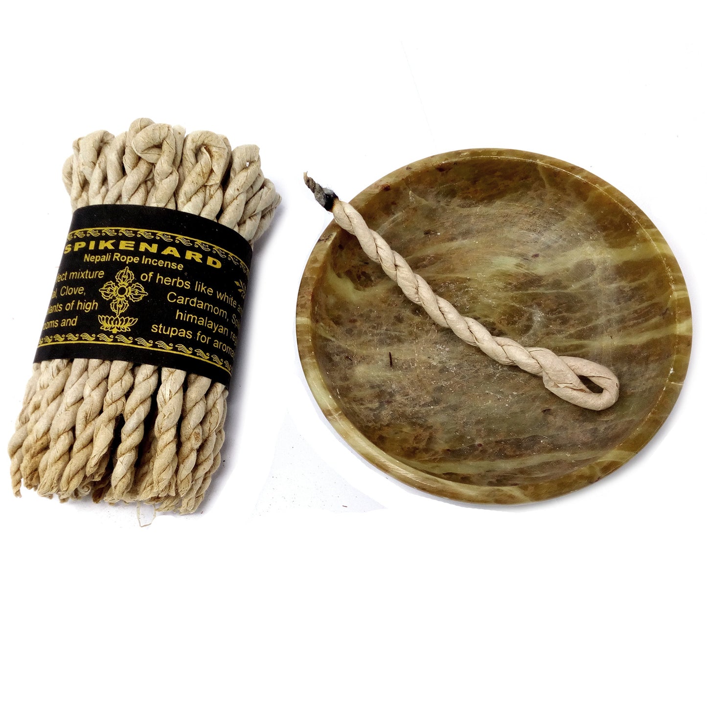 Rope incense labeled "SPIKENARD" lies next to a burnt piece on a small, round, marbled stone dish. Text reads: "Nepali Rope Incense, of herbs like white, Cardamom..."