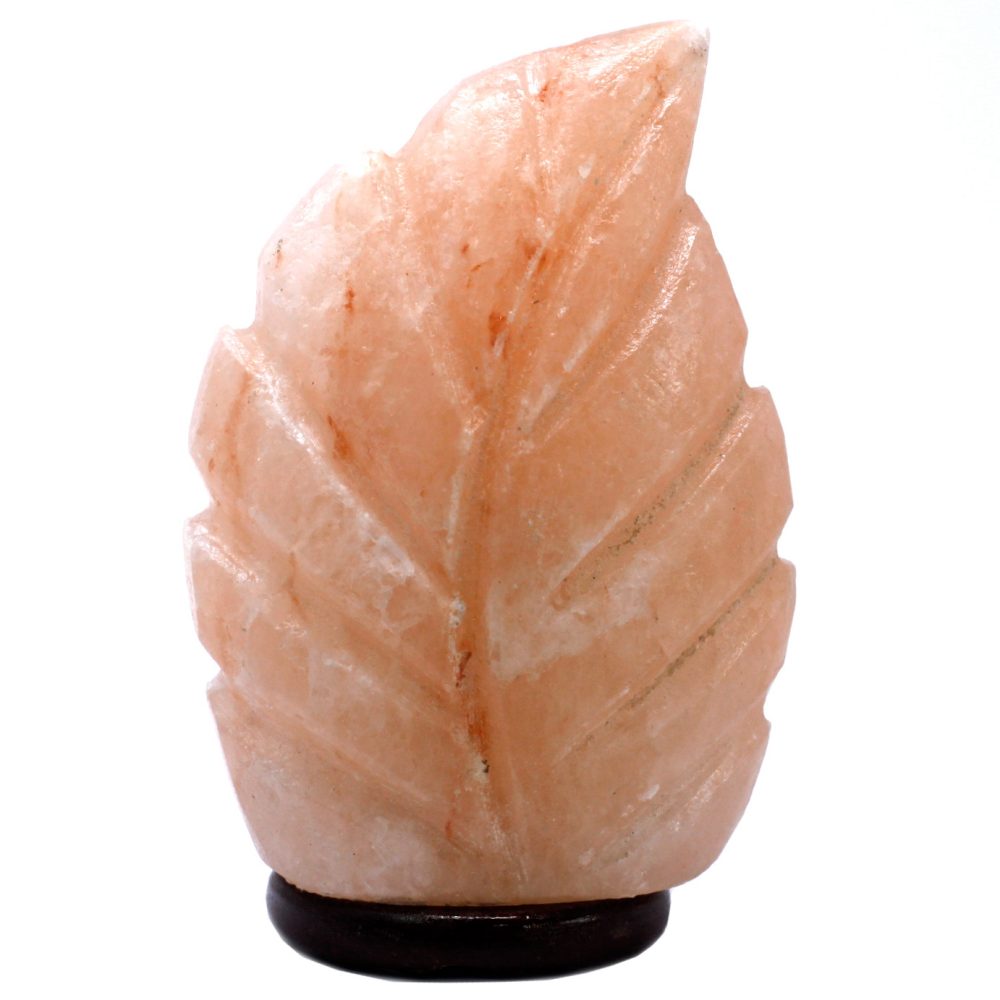 A leaf-shaped, pink Himalayan salt lamp sits on a dark base, emitting a warm glow. The lamp features distinct, carved veins on its surface, providing texture and detail.