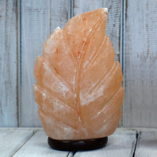 A leaf-shaped salt lamp rests on a wooden base, its pinkish-orange hue contrasting against a rustic, whitewashed wooden background.