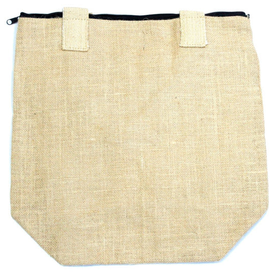 A tan burlap bag with a black zipper and two handle loops sits on a white surface.