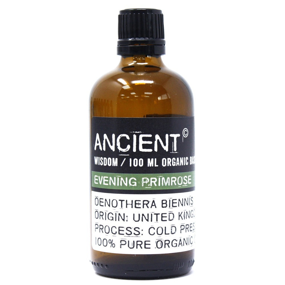 A bottle of "ANCIENT Wisdom / 100 ML ORGANIC BASE EVENING PRIMROSE OENOTHERA BIENNIS ORIGIN: UNITED KING PROCESS: COLD PRES 100% PURE ORGANIC" oil sits against a white backdrop.