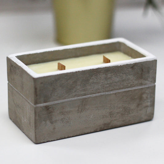 Rectangular concrete candle with two wooden wicks sits unlit on a white tabletop, filled with pale wax, shallow depth of field showing a blurred potted plant in the background.