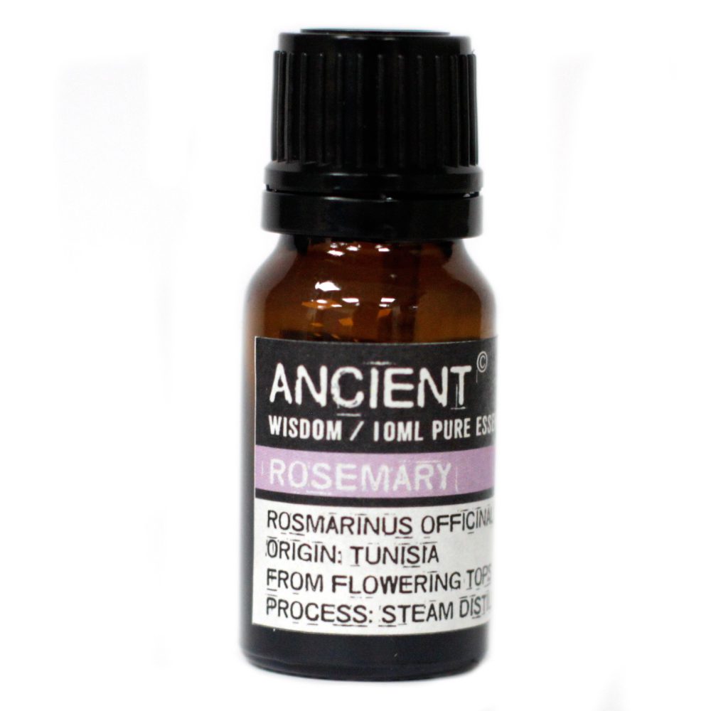 A small, brown glass bottle with a black cap sits against a white background. The label reads: "ANCIENT WISDOM/10ML PURE ESS, ROSEMARY, ROSMARINUS OFFICINALIS, ORIGIN: TUNISIA, FROM FLOWERING TOPS, PROCESS: STEAM DIST".