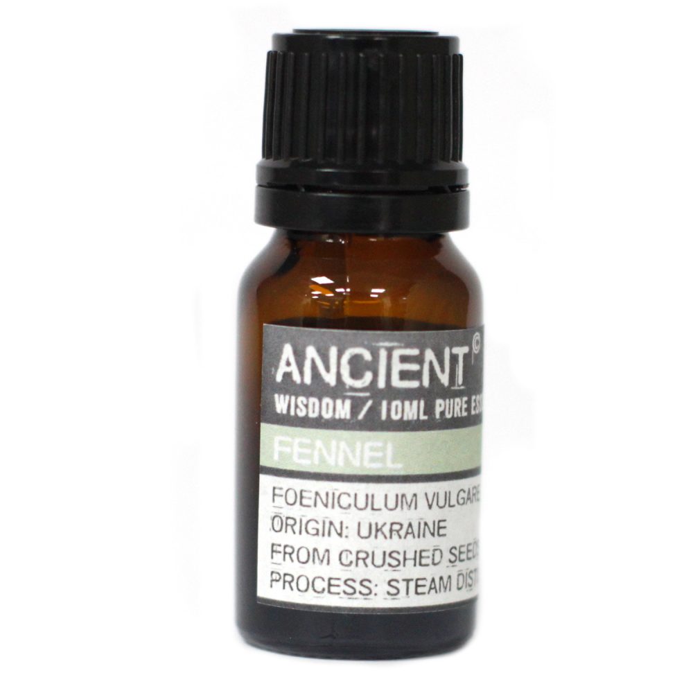 A brown, glass bottle stands, displaying a black label, its text reading "ANCIENT WISDOM/10ML PURE ES FENNEL FOENICULUM VULGARE ORIGIN: UKRAINE FROM CRUSHED SEED PROCESS: STEAM DIST”. The bottle is capped with black plastic.