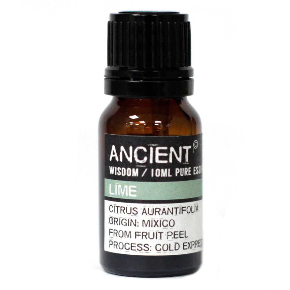 The bottle of lime essential oil sits in a white space. The label reads: "ANCIENT", "WISDOM / 10ML PURE ESSENCE", "LIME", "CITRUS AURANTIFOLIA ORIGIN: MIXICO FROM FRUIT PEEL PROCESS: COLD EXPRES".
