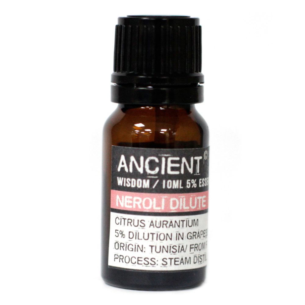 A brown glass bottle with a black lid displays a label reading "ANCIENT WISDOM/10ML 5% ESS, NEROLI DILUTE, CITRUS AURANTIUM 5% DILUTION IN GRAPES, ORIGIN: TUNISIA/ FROM, PROCESS: STEAM DIST".