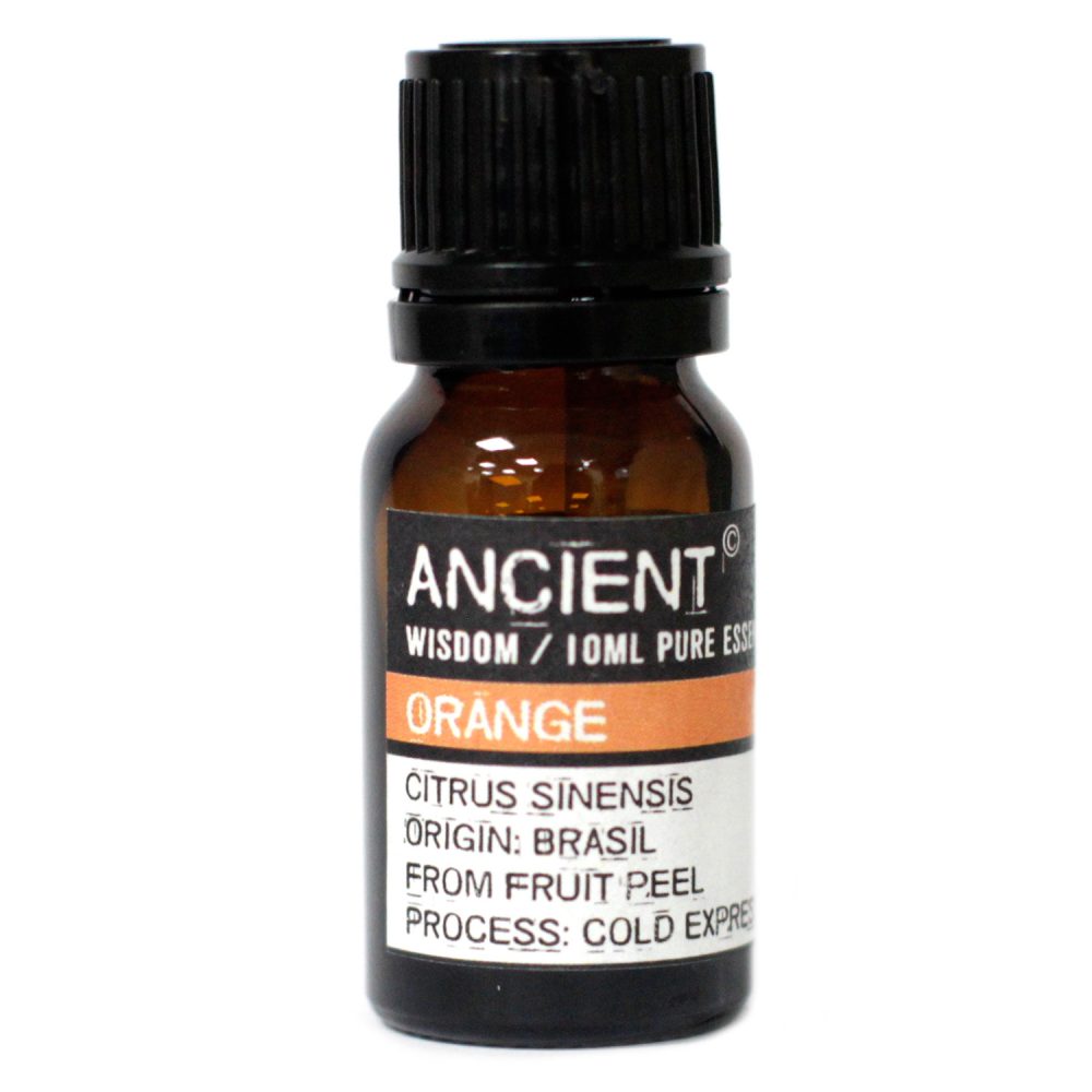 A small, dark amber bottle is centered, labeled "ANCIENT WISDOM / 10ML PURE ESSENCE ORANGE CITRUS SINENSIS ORIGIN: BRASIL FROM FRUIT PEEL PROCESS: COLD EXPRE".