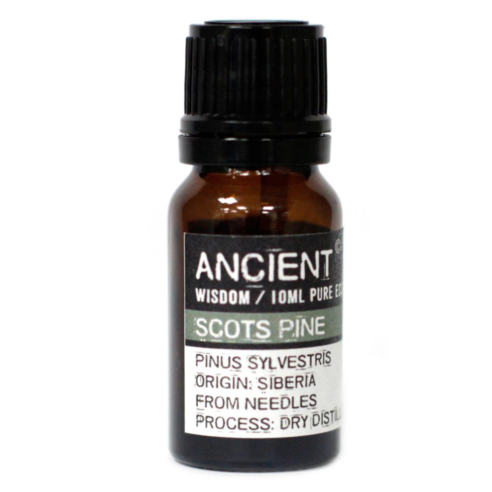 A small amber bottle stands, displaying a label that reads "ANCIENT WISDOM/10ML PURE ES SCOTS PINE PINUS SYLVESTRIS ORIGIN: SIBERIA FROM NEEDLES PROCESS: DRY DISTIL". It has a black, ridged cap on top.