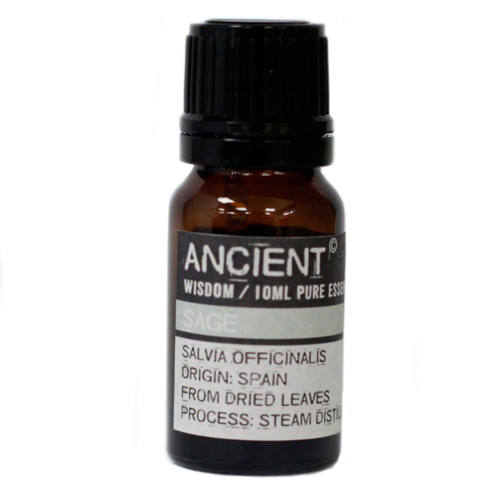 A small, brown glass bottle labeled "ANCIENT WISDOM/10ML PURE ESSE, SAGE, SALVIA OFFICINALIS, ORIGIN: SPAIN, FROM DRIED LEAVES, PROCESS: STEAM DISTIL" stands on a white surface.