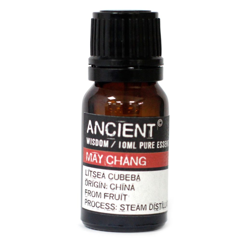 Essential oil bottle sits on a white surface. The label reads: "ANCIENT WISDOM / 10ML PURE ESSEN, MAY CHANG, LITSEA CUBEBA, ORIGIN: CHINA, FROM FRUIT, PROCESS: STEAM DISTILL".