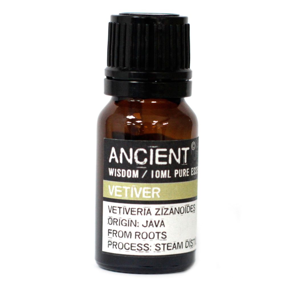 A brown glass bottle sits on a white surface. The bottle’s label reads: “ANCIENT WISDOM / 10ML PURE ESS VETIVER VETIVERIA ZIZANOIDES ORIGIN: JAVA FROM ROOTS PROCESS: STEAM DIST”.
