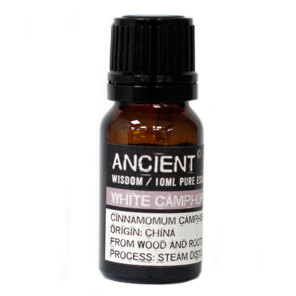 A small, brown glass bottle, with a black cap, sits against a white backdrop. The label reads: "ANCIENT WISDOM / IOML PURE ESS, WHITE CAMPHO, CINNAMOMUM CAMPHO, ORIGIN: CHINA, FROM WOOD AND ROOT, PROCESS: STEAM DIST".