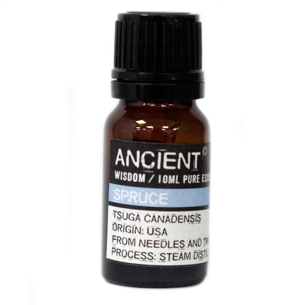 A small bottle of "ANCIENT WISDOM/ 10ML PURE ESS" Spruce essential oil sits on a white surface. The label also says: "TSUGA CANADENSIS, ORIGIN: USA, FROM NEEDLES AND TW, PROCESS: STEAM DISTIL."