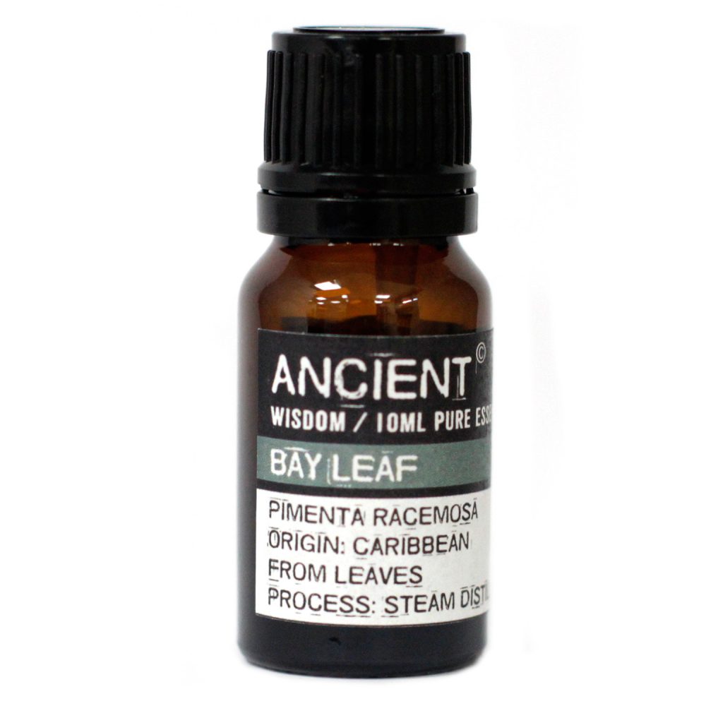 A small, brown bottle of essential oil sits against a white background. It has a black cap and a label reading: "ANCIENT WISDOM / 10ML PURE ES; BAY LEAF; PIMENTA RACEMOSA ORIGIN: CARIBBEAN FROM LEAVES PROCESS: STEAM DIST."