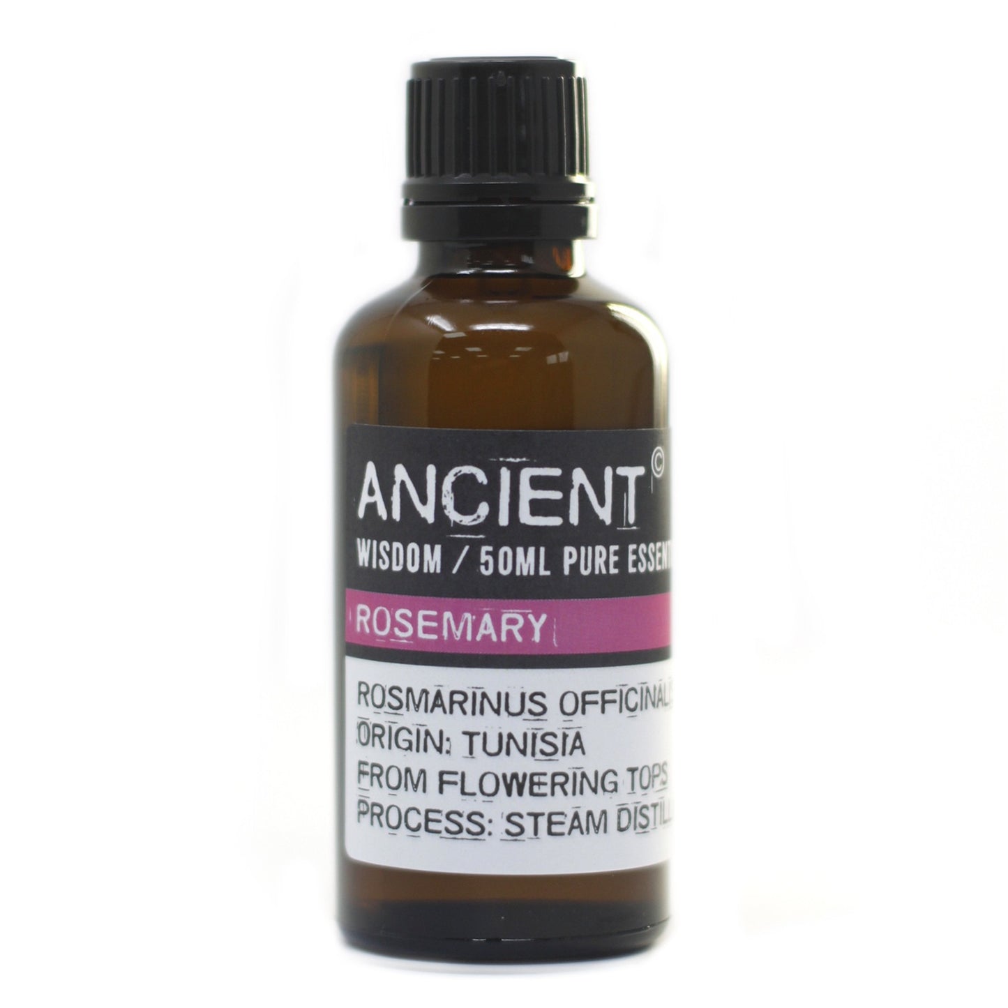 A small, brown, cylindrical bottle sits against a white background. The bottle is labeled "ANCIENT, WISDOM / 50ML PURE ESSEN, ROSEMARY, ROSMARINUS OFFICINAL, ORIGIN: TUNISIA, FROM FLOWERING TOPS, PROCESS: STEAM DISTIL."
