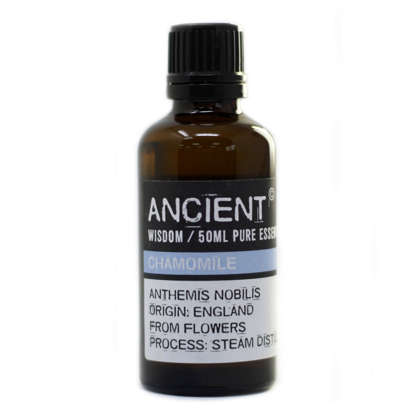 The bottle stands centered on a white background, with a black label that reads "ANCIENT WISDOM / 50ML PURE ESSEN CHAMOMILE ANTHEMIS NOBILIS ORIGIN: ENGLAND FROM FLOWERS PROCESS: STEAM DIST".