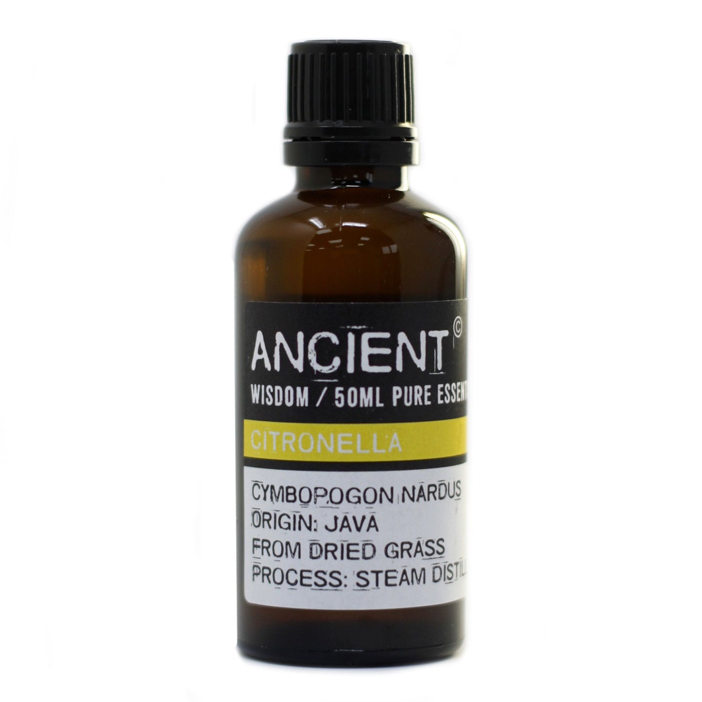 A bottle labeled "ANCIENT Wisdom/50ml Pure Essential Citronella Cymbopogon Nardus Origin: Java From Dried Grass Process: Steam Distil" sits on a white surface.