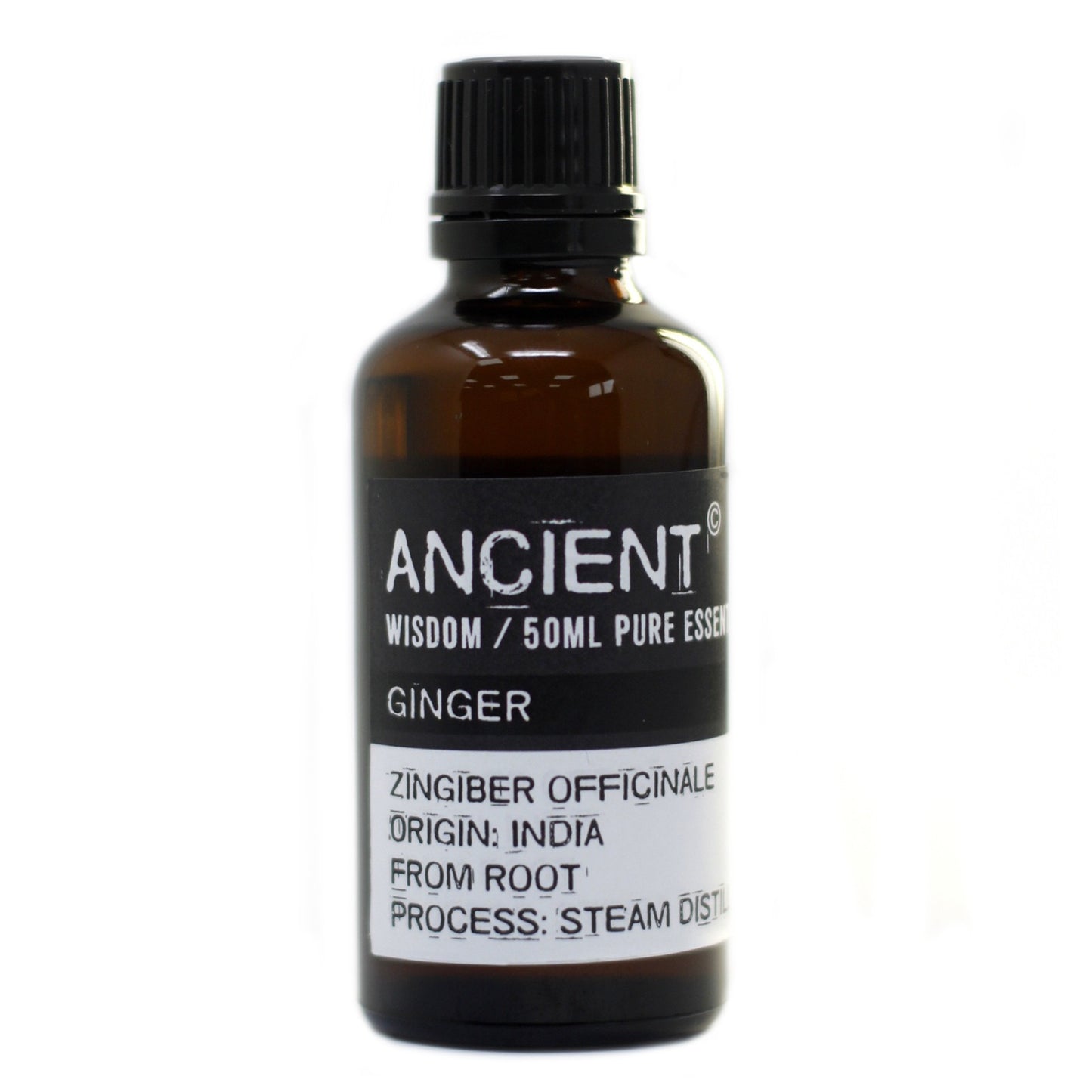 A dark amber glass bottle displays a label marked "ANCIENT WISDOM / 50ML PURE ESSEN, GINGER, ZINGIBER OFFICINALE, ORIGIN: INDIA, FROM ROOT, PROCESS: STEAM DIST," isolated on a white surface.