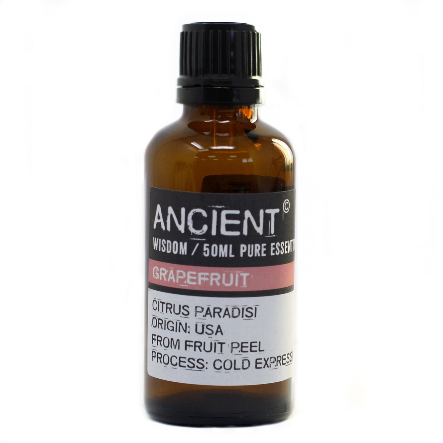 An amber glass bottle, with a black cap, sits against a white background. It's labeled "ANCIENT WISDOM / 50ML PURE ESSENT GRAPEFRUIT CITRUS PARADISI ORIGIN: USA FROM FRUIT PEEL PROCESS: COLD EXPRESS".