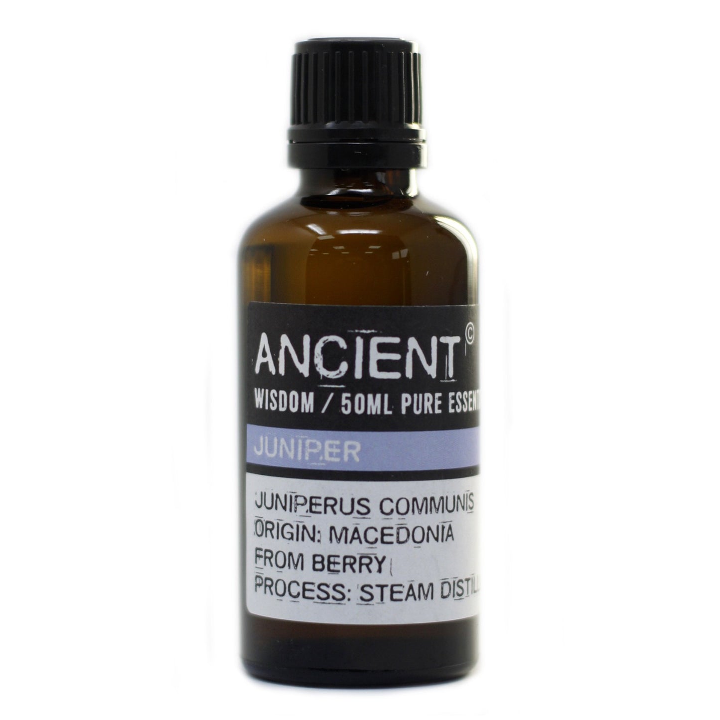 A dark glass bottle displays an "ANCIENT WISDOM / 50ML PURE ESSEN" Juniper label, noting "JUNIPERUS COMMUNIS, ORIGIN: MACEDONIA, FROM BERRY, PROCESS: STEAM DISTIL" against a white backdrop.