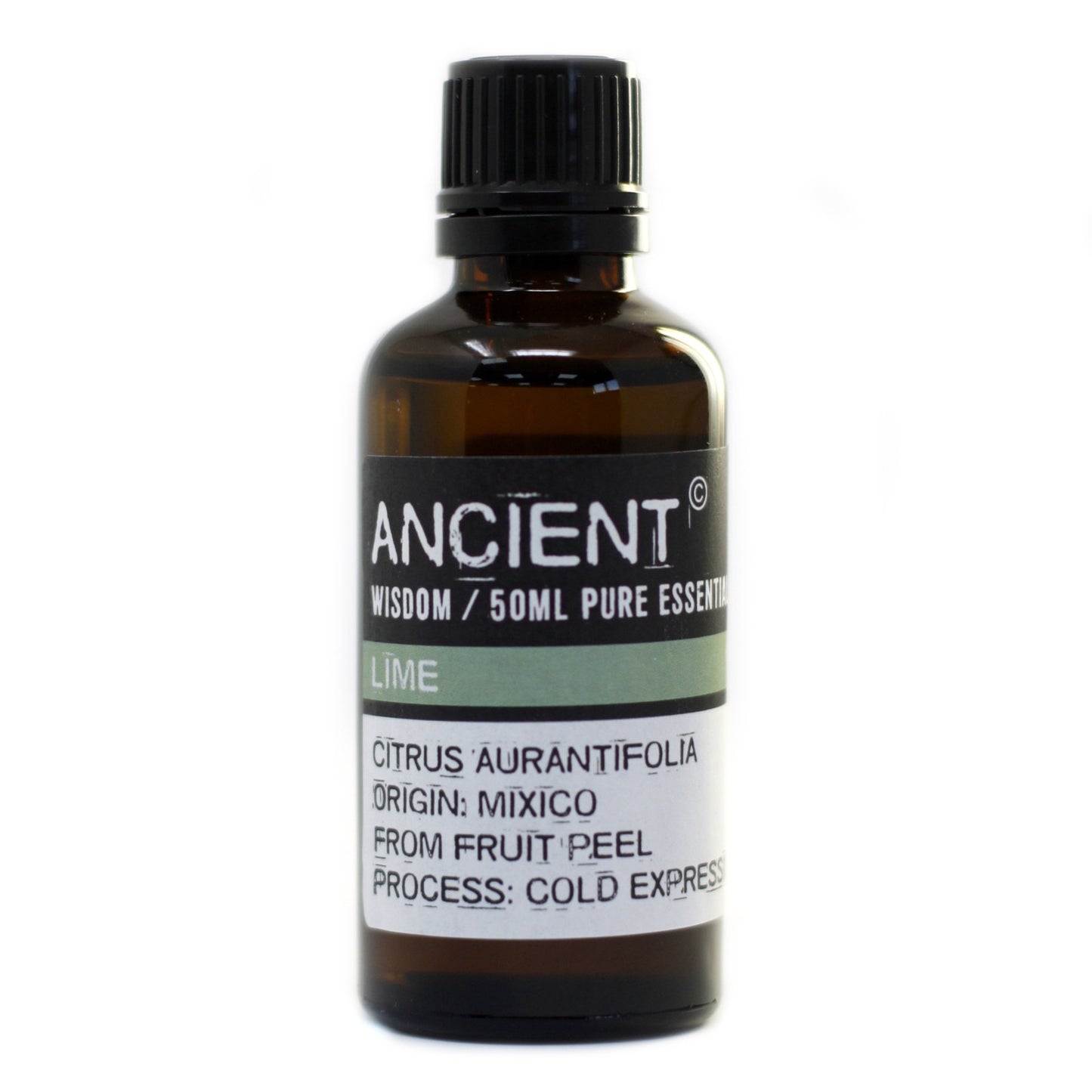 A small brown bottle, with a black cap, stands in a white space. The label reads: “ANCIENT,” “WISDOM / 50ML PURE ESSENTIAL,” “LIME,” “CITRUS AURANTIFOLIA,” “ORIGIN: MIXICO,” “FROM FRUIT PEEL,” “PROCESS: COLD EXPRESS.”
