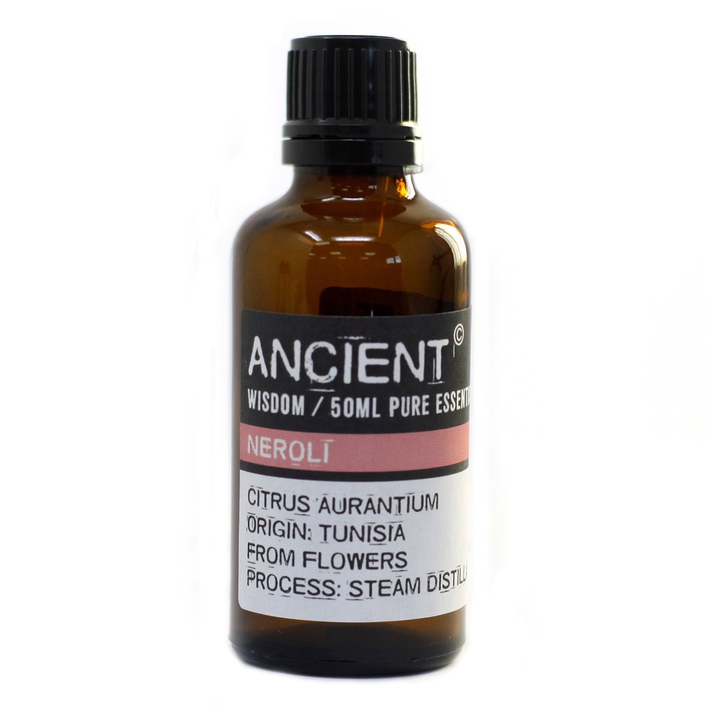 An amber bottle displays a label reading: "ANCIENT WISDOM / 50ML PURE ESSEN NEROLI CITRUS AURANTIUM ORIGIN: TUNISIA FROM FLOWERS PROCESS: STEAM DISTILL," positioned on a stark white background.