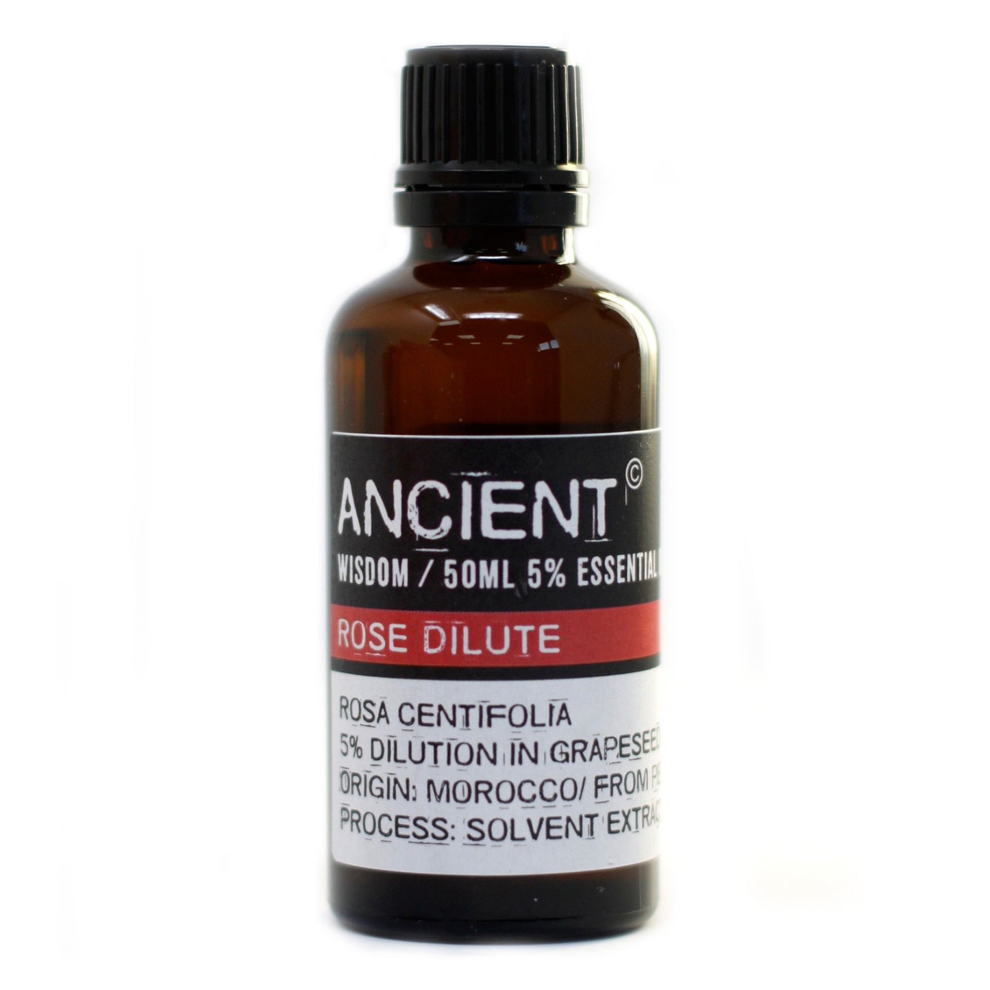 An amber-colored glass bottle stands upright against a white background. The bottle has a black, grooved cap and a label with the text: "ANCIENT," "WISDOM/50ML 5% ESSENTIAL," "ROSE DILUTE," "ROSA CENTIFOLIA 5% DILUTION IN GRAPESEE ORIGIN: MOROCCO/ FROM PE PROCESS: SOLVENT EXTRAC."