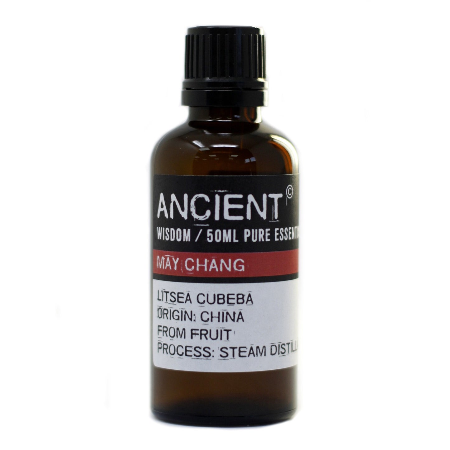 The bottle, labeled "ANCIENT WISDOM / 50ML PURE ESSENT. MAY CHANG. LITSEA CUBEBA, ORIGIN: CHINA, FROM FRUIT. PROCESS: STEAM DISTILL," sits in a plain, white space.