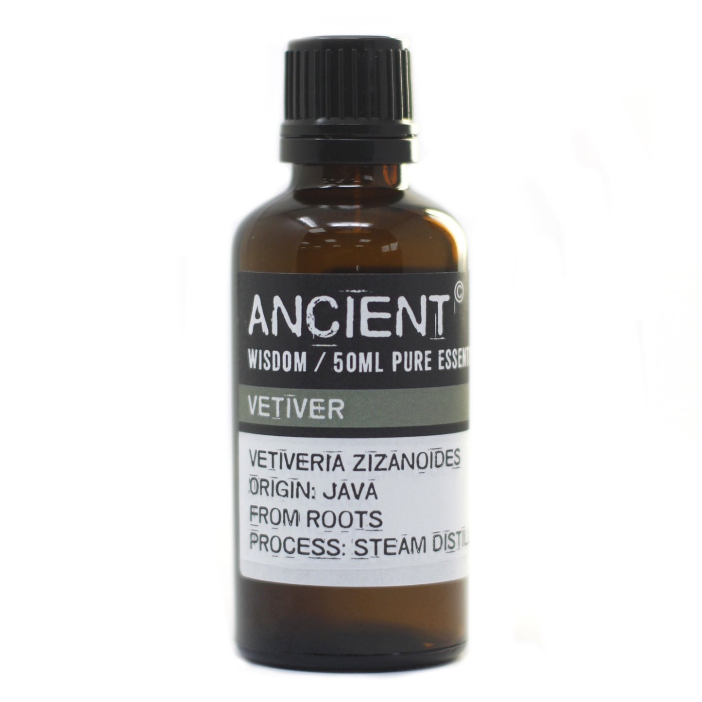 A brown glass bottle, sealed with a black cap, holds "ANCIENT" wisdom/50ml pure essence, labeled "VETIVER," "VETIVERIA ZIZANOIDES," "ORIGIN: JAVA," "FROM ROOTS," and "PROCESS: STEAM DISTIL" against a stark white background.