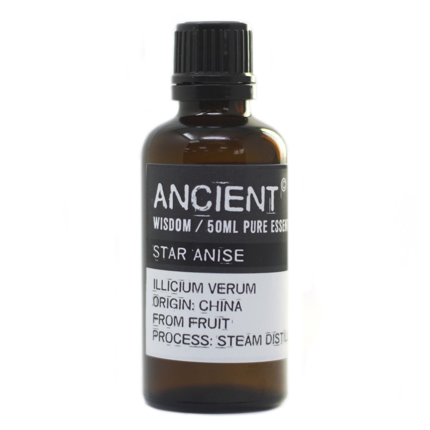 A bottle of Star Anise essential oil, with "ANCIENT WISDOM / 50ML PURE ESSEN STAR ANISE ILLICIUM VERUM ORIGIN: CHINA FROM FRUIT PROCESS: STEAM DISTIL" labeled on the front, sits against a plain white background.