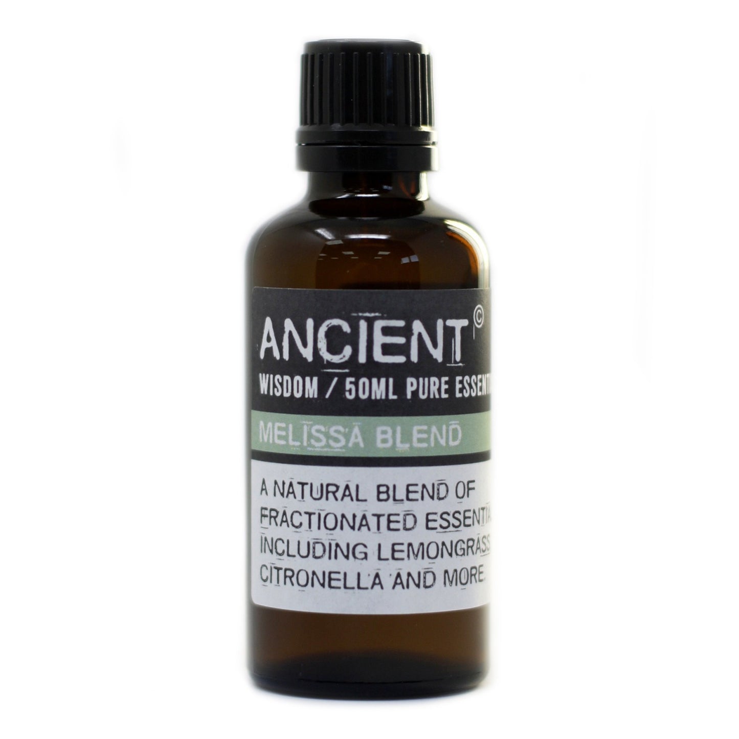 A glass bottle holds essential oils, labeled "ANCIENT" "WISDOM / 50ML PURE ESSEN" "MELISSA BLEND" "A NATURAL BLEND OF FRACTIONATED ESSENTI INCLUDING LEMONGRASS CITRONELLA AND MORE," set against a white backdrop.