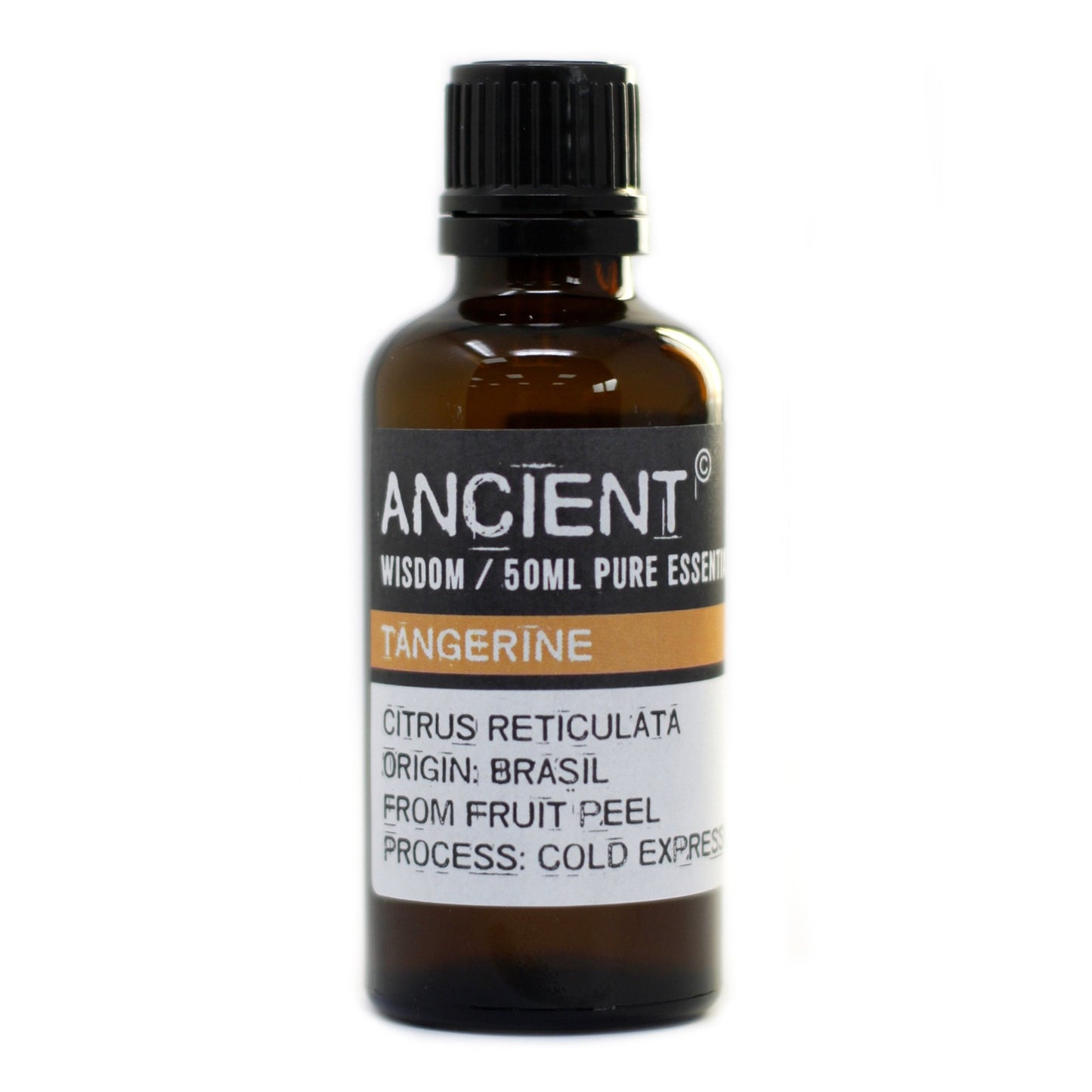 The brown glass bottle of "Ancient" tangerine essential oil sits still against a bright white background. The label reads: "ANCIENT," "WISDOM / 50ML PURE ESSENT," "TANGERINE," "CITRUS RETICULATA ORIGIN: BRASIL FROM FRUIT PEEL PROCESS: COLD EXPRESS".