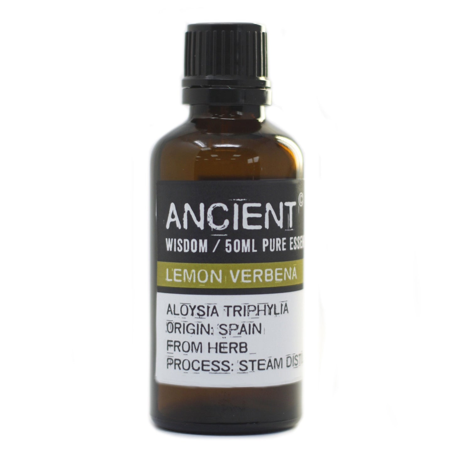A brown glass bottle of essential oil sits in bright light. The label reads: "ANCIENT, WISDOM / 50ML PURE ESSEN, LEMON VERBENA, ALOYSIA TRIPHYLIA, ORIGIN: SPAIN, FROM HERB, PROCESS: STEAM DIST".