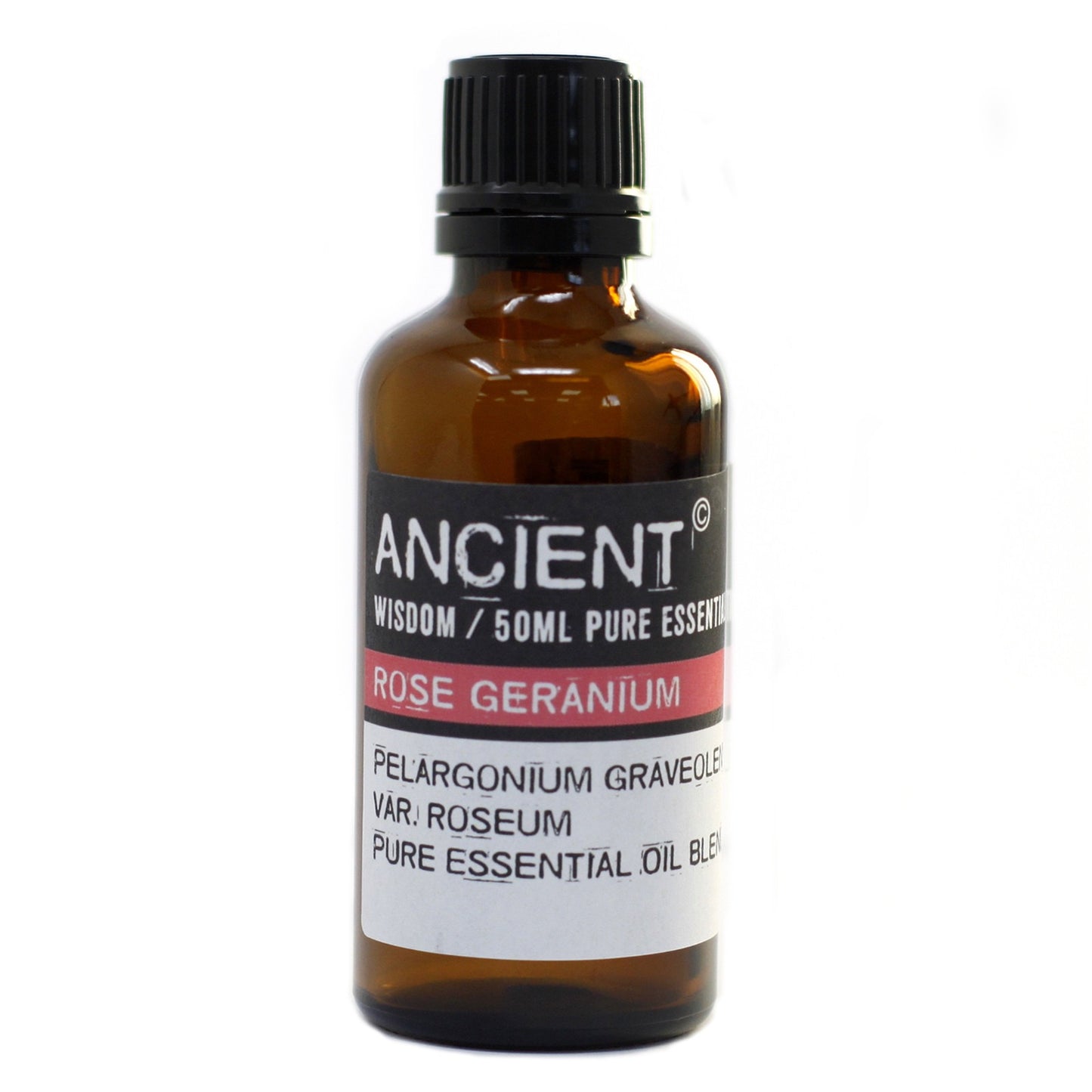 A brown glass bottle of essential oil sits on a white background. A label reads "ANCIENT WISDOM / 50ML PURE ESSENT ROSE GERANIUM PELARGONIUM GRAVEOLE VAR. ROSEUM PURE ESSENTIAL OIL BLE."