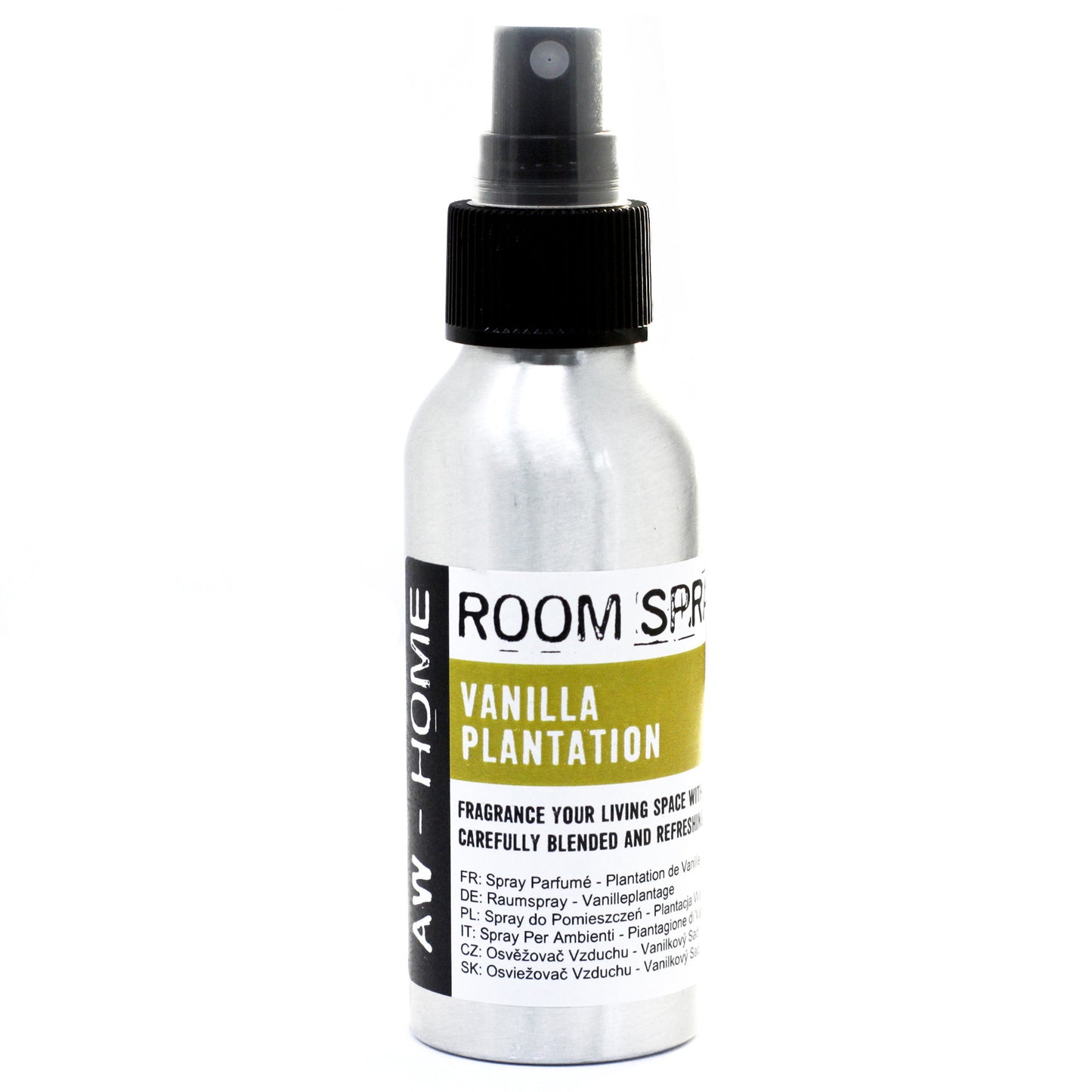 A silver spray bottle, labeled "Vanilla Plantation Room Spray," sits on a white background. The label also includes multilingual descriptions of the product.