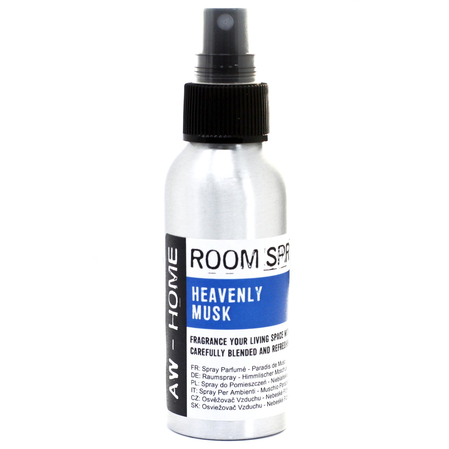 A silver spray bottle with a black top dispenses Heavenly Musk room spray against a white background. The label also includes multiple language translations of the product name and description.