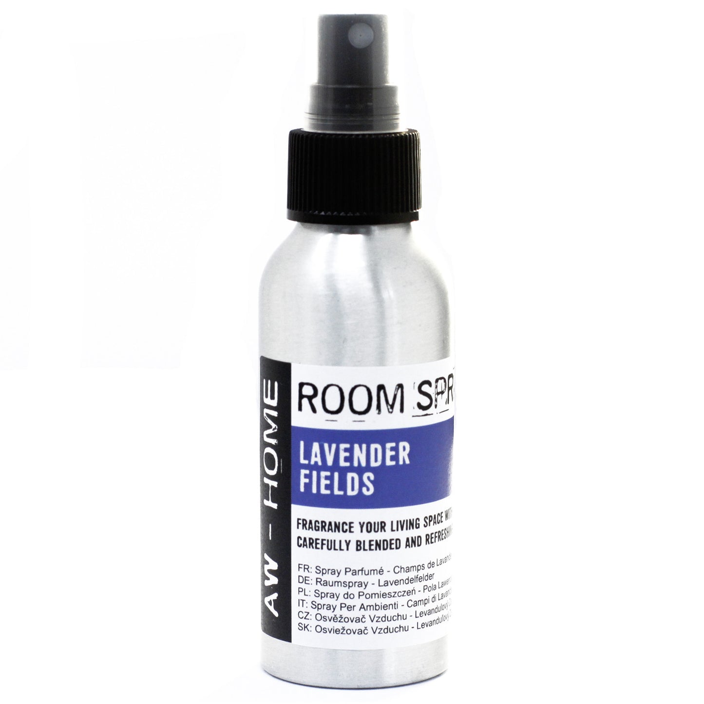A silver aluminum bottle with a black spray top sits on a white background. It contains lavender-scented room spray. The label reads "ROOM SPRAY LAVENDER FIELDS" and includes multilingual descriptions.