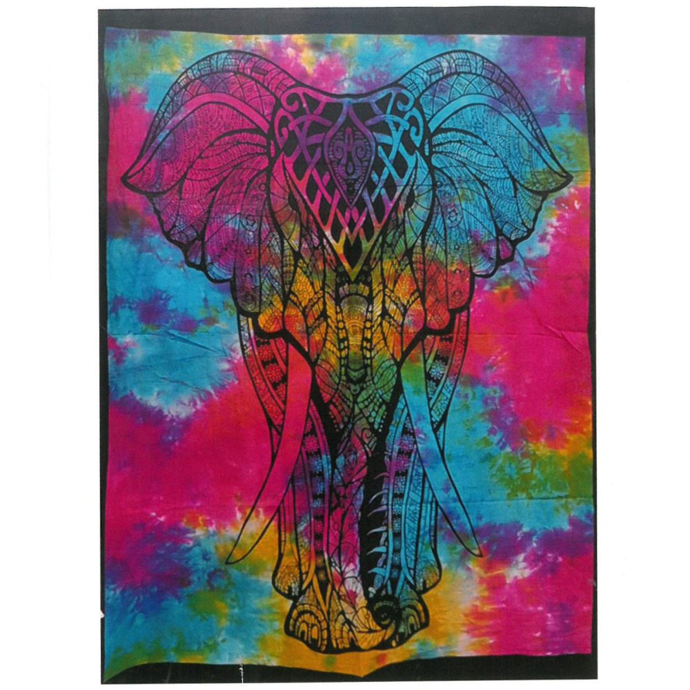 An intricately designed elephant, depicted in black against a tie-dye background of pinks, blues, and greens, is shown on a tapestry.