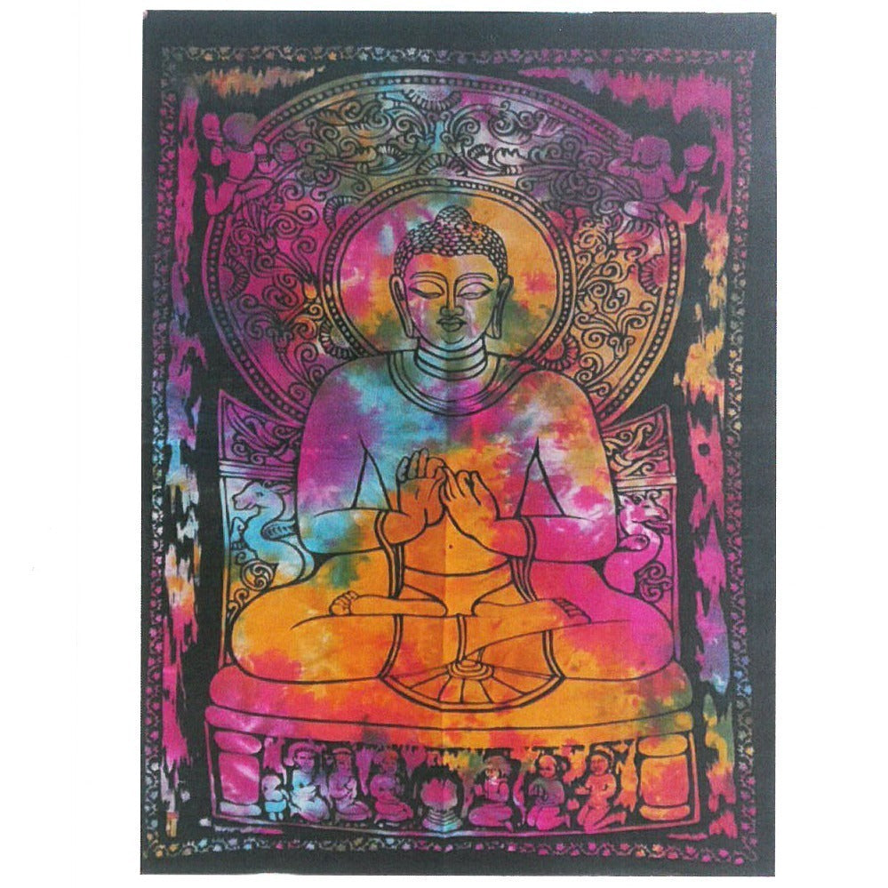 A tie-dye tapestry depicts a Buddha figure meditating in a colorful, ornate mandala.